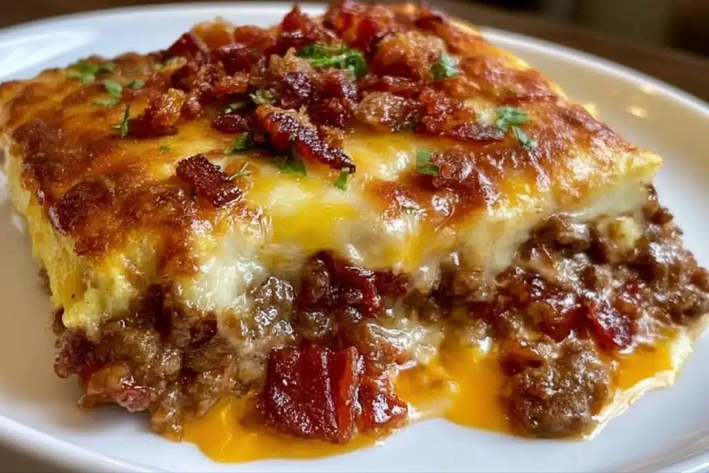 Low-carb bacon cheeseburger casserole in a baking dish, topped with cheese.