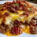 Low-carb bacon cheeseburger casserole in a baking dish, topped with cheese.