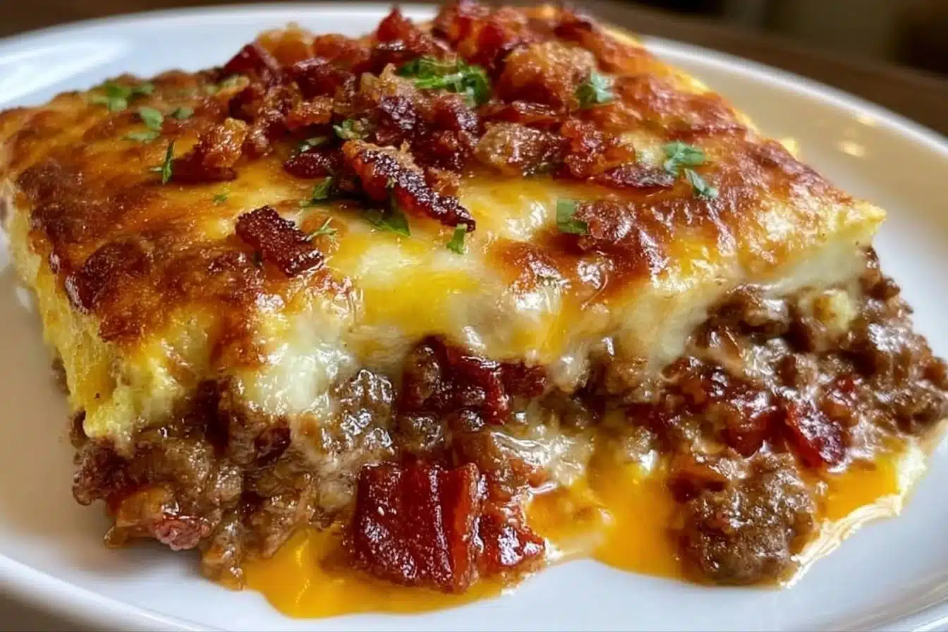 Low-carb bacon cheeseburger casserole in a baking dish, topped with cheese.