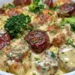Delicious low carb sausage gratin ready in 30 minutes for a quick weeknight dinner.