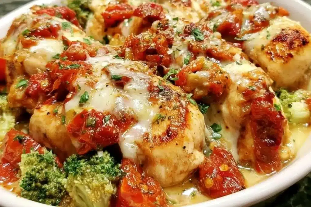 Plate of low-carb Tuscan chicken garnished with herbs and served with vegetables.