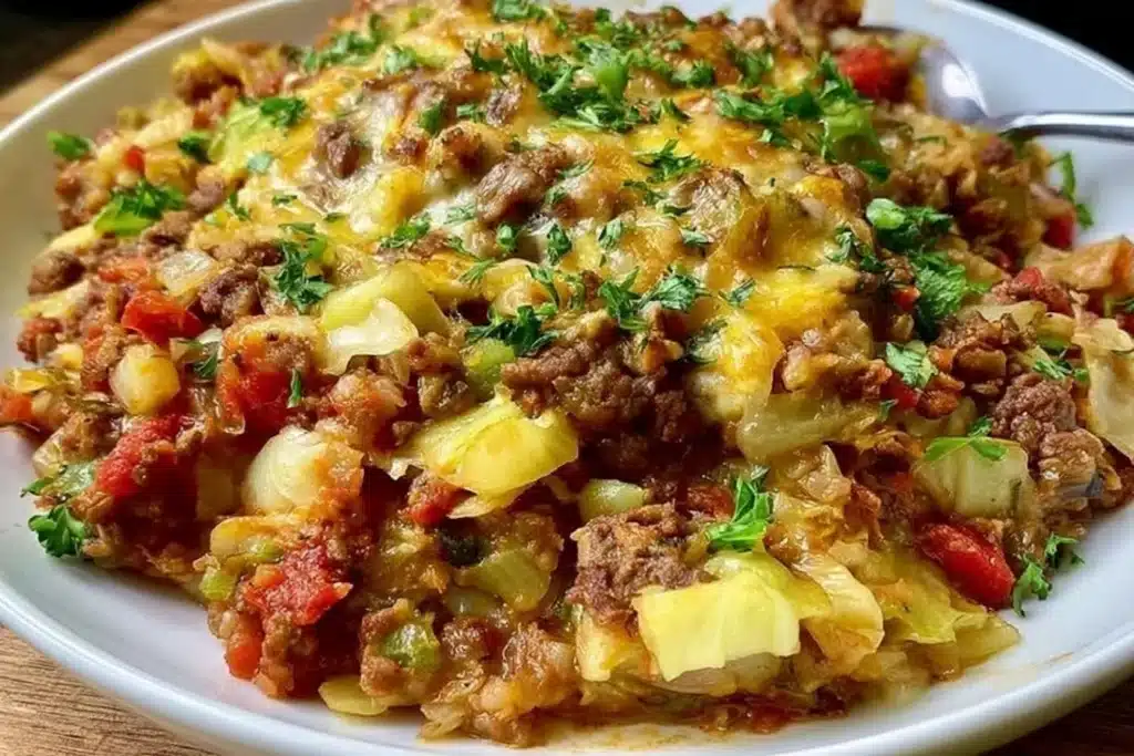 Low carb unstuffed cabbage casserole in a serving dish