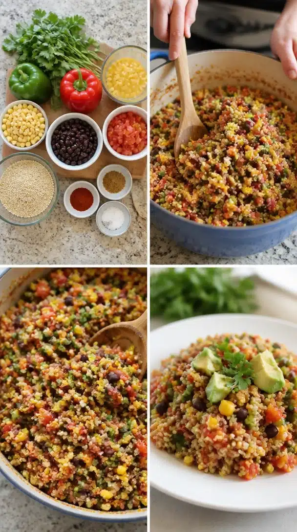 Colorful bowl of Mexican Quinoa salad with fresh vegetables and spices.