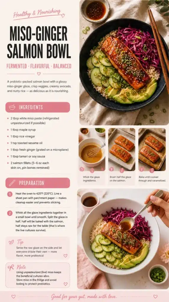 Miso-Ginger Salmon Bowl garnished with vegetables and sesame seeds