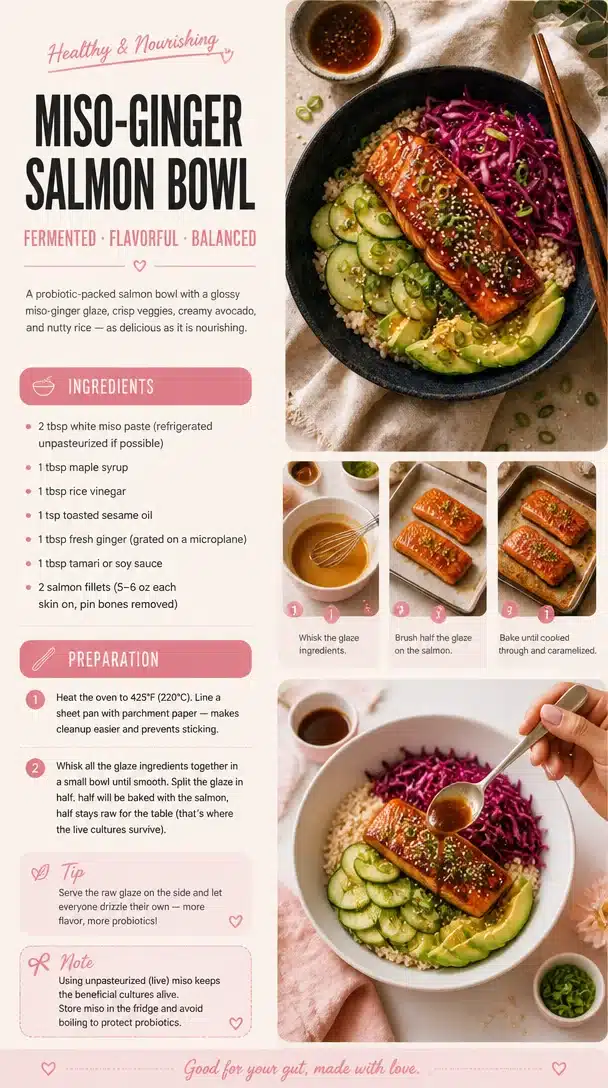 Miso-Ginger Salmon Bowl garnished with vegetables and sesame seeds
