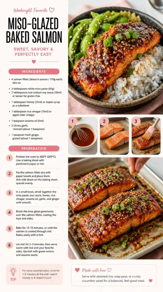 Miso-glazed baked salmon garnished with herbs