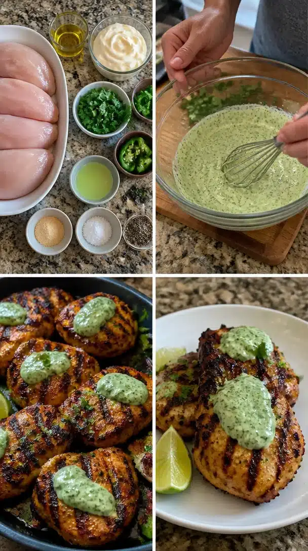 Delicious Peruvian chicken served with creamy green sauce on a plate.