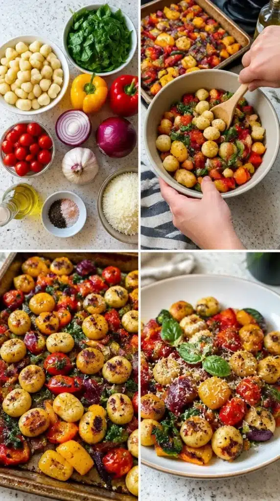 Sheet Pan Gnocchi with Roasted Vegetables on a serving plate