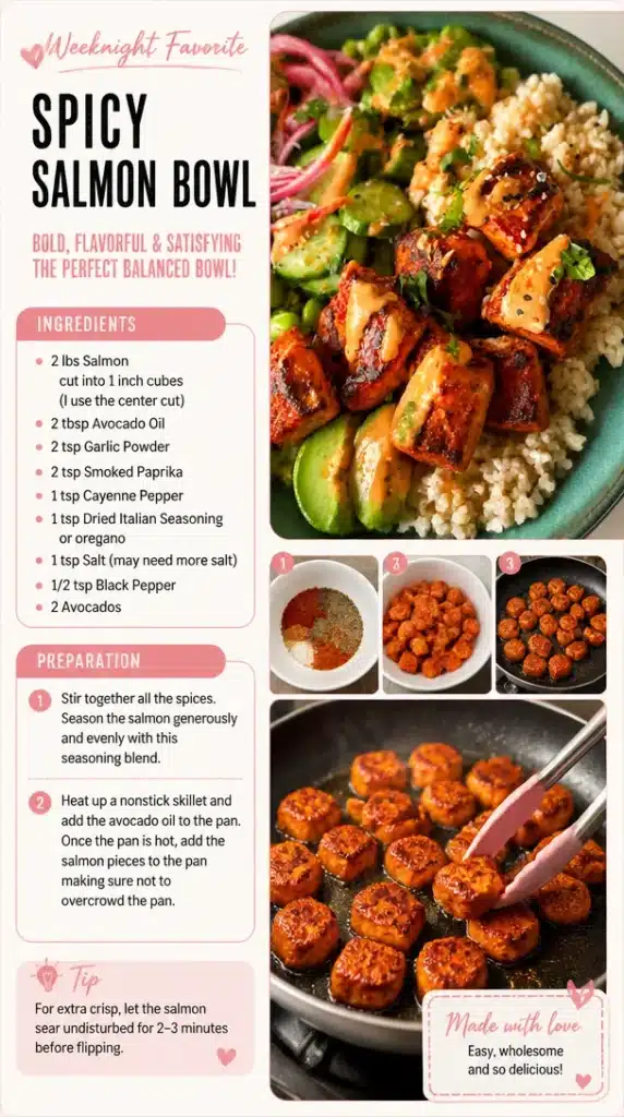 Delicious spicy salmon bowl topped with fresh vegetables and sesame seeds.