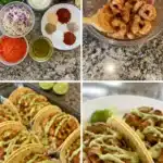 Delicious spicy shrimp tacos served with fresh toppings and lime wedges