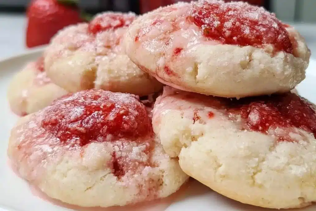 Delicious homemade strawberry cookies on a plate.