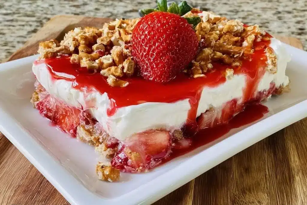 Strawberry Pretzel Salad featuring layers of strawberries, cream, and a pretzel crust