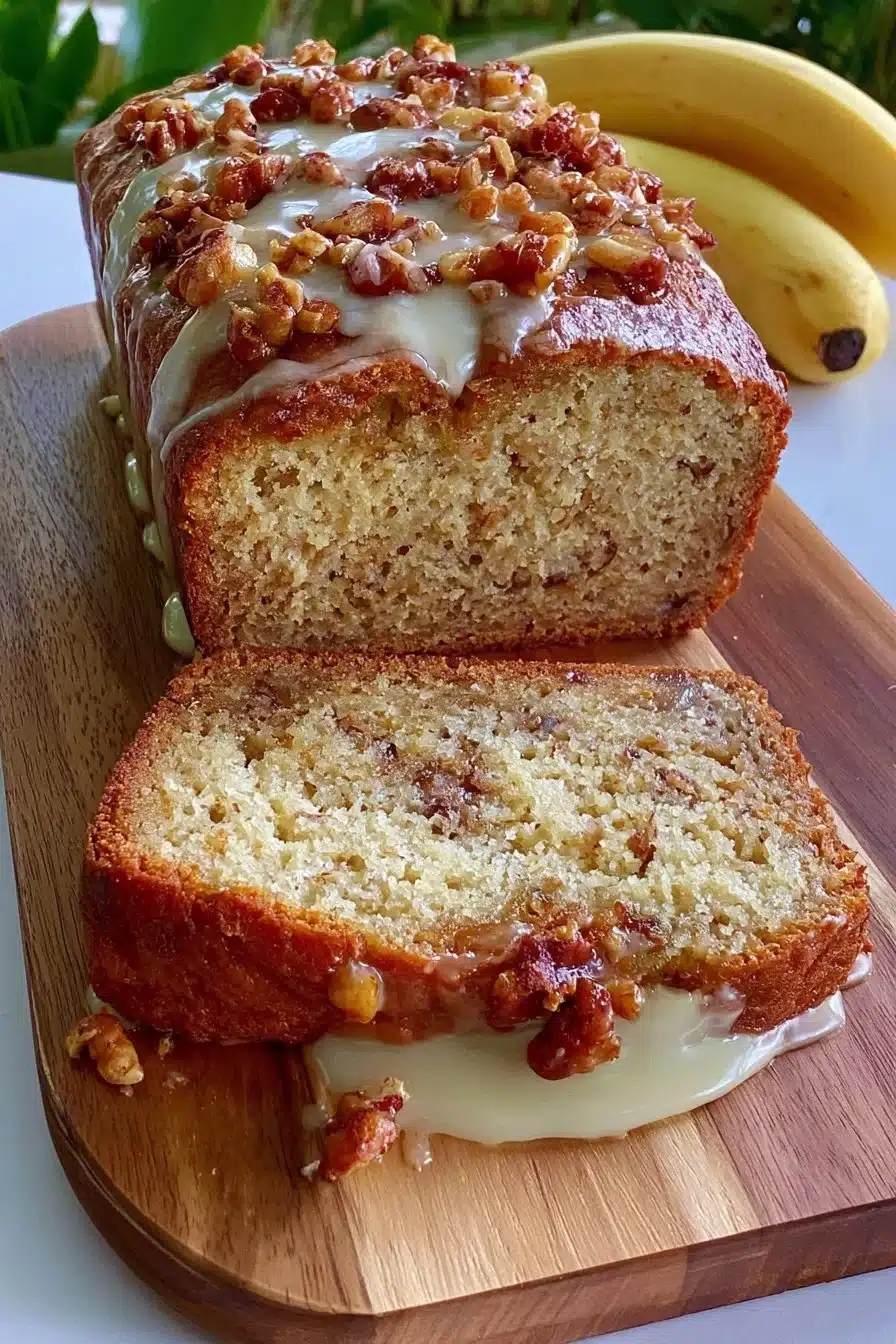Moist and tender gluten-free banana bread served on a wooden board