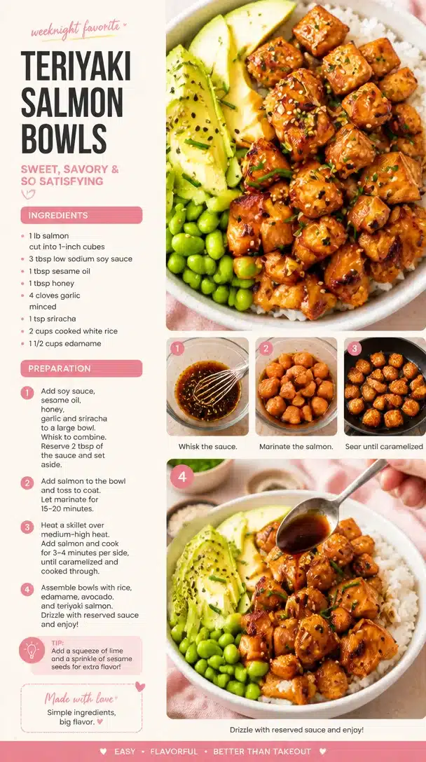 Teriyaki salmon bowls garnished with vegetables and sesame seeds.