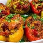Healthy Whole30 stuffed peppers served as a quick 30-minute dinner option.