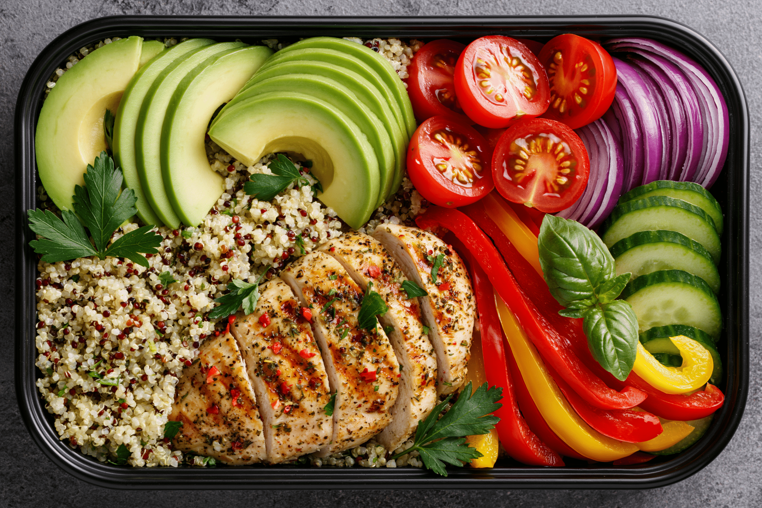 A balanced meal prep container featuring grilled chicken, quinoa, and avocado slices, with vibrant vegetables arranged neatly.