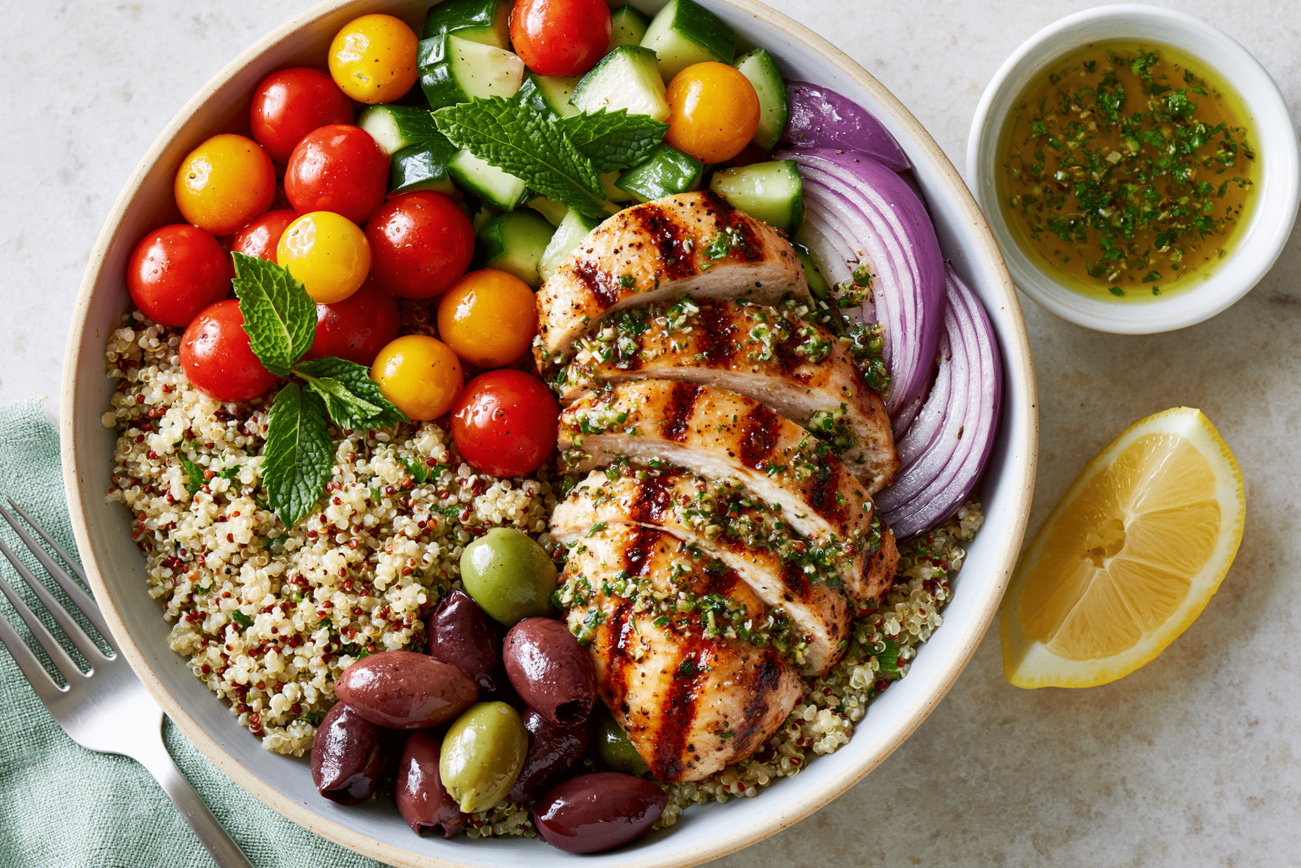 A beautifully arranged Mediterranean Chicken Bowl with grilled chicken, quinoa, cherry tomatoes, olives, cucumber, and a lemon-herb dressing, photographed from an overhead angle with natural light.