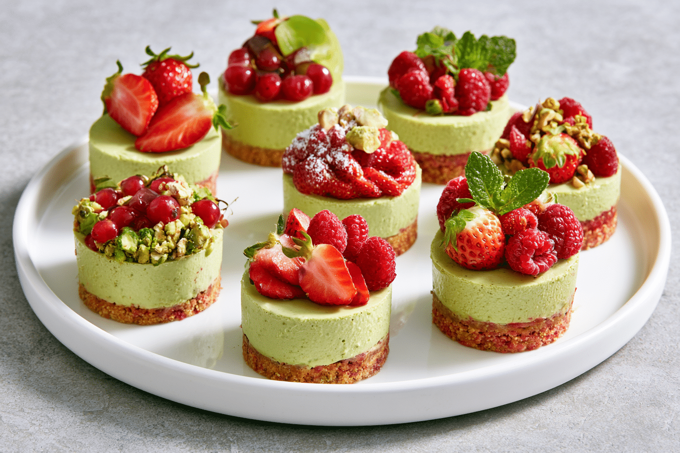 A beautifully arranged platter showcasing various customized versions of the gluten-free strawberry matcha dessert, featuring different fruits, toppings, and garnishes.