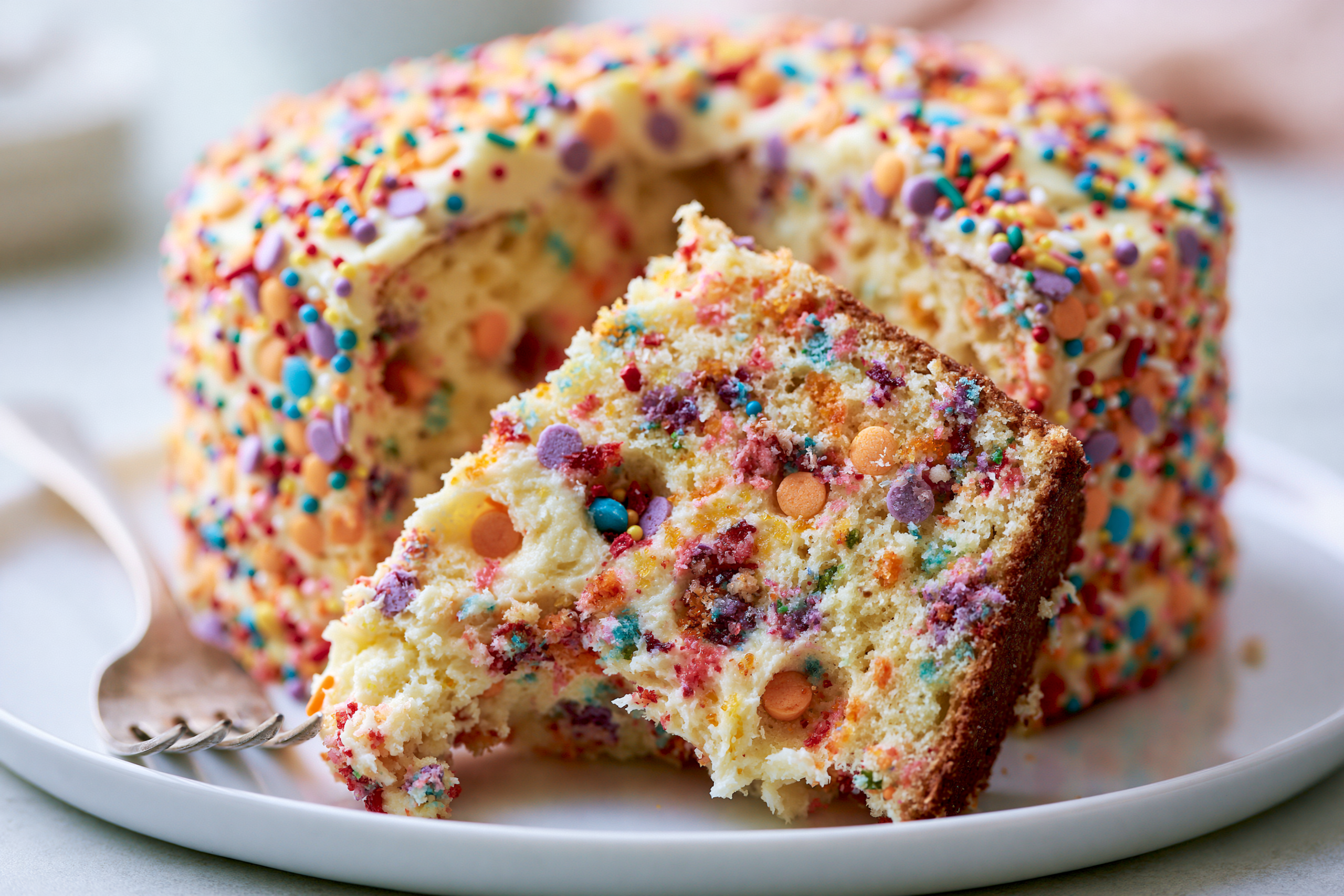A beautifully decorated gluten-free dot cake, with various colorful sprinkles and frosting in the dot indentations. The cake is on a pristine white plate, with a fork beside it, suggesting a bite has been taken. The background is softly blurred, highlighting the cake.