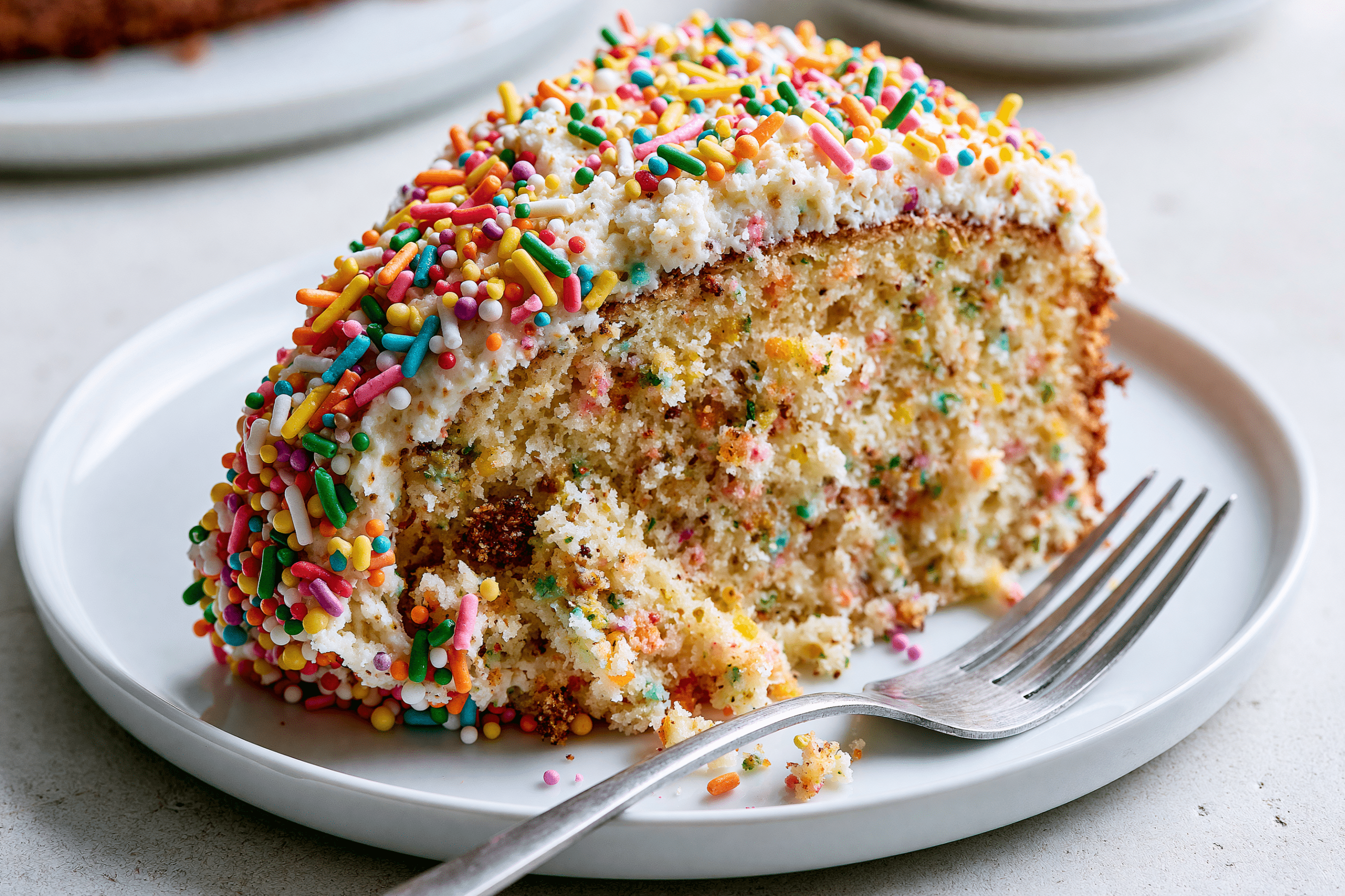 A beautifully plated slice of gluten-free dot cake with colorful sprinkles, showing its tender crumb and inviting texture on a white plate with a fork beside it.