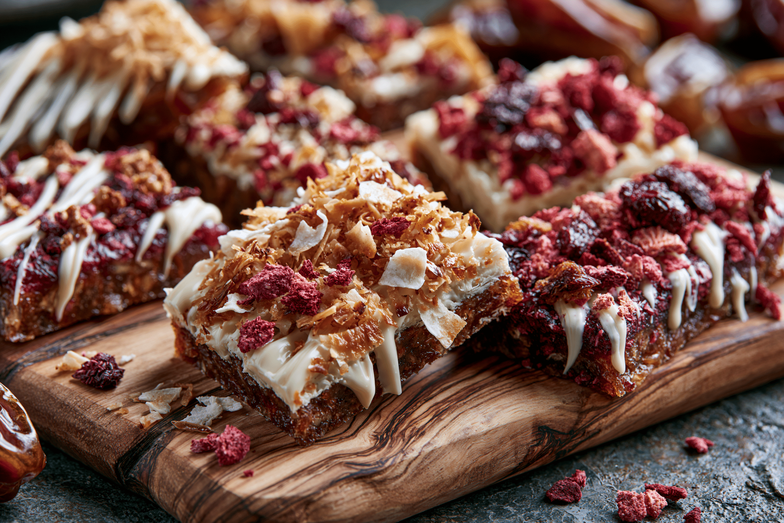 A close-up of a variety of date bark pieces, each with different toppings like white chocolate drizzle, toasted coconut flakes, and crushed freeze-dried berries, arranged on a rustic wooden board.