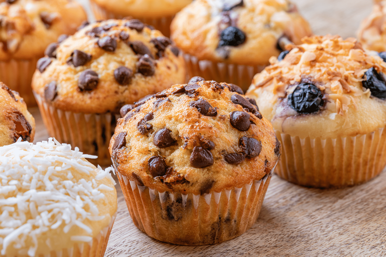 A close-up shot of several mochi muffins, each with different toppings and mix-ins like chocolate chips, blueberries, and shredded coconut, showcasing various flavor variations.