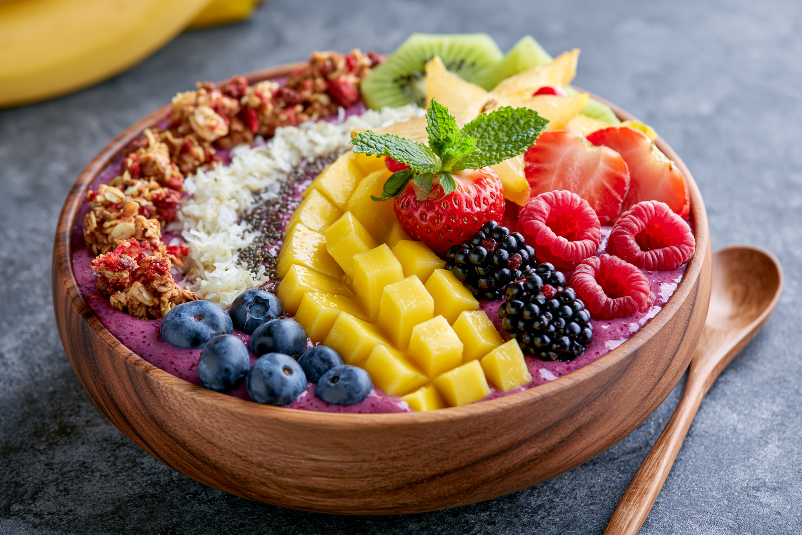 A colorful fruit smoothie bowl with various fruits and granola for breakfast.