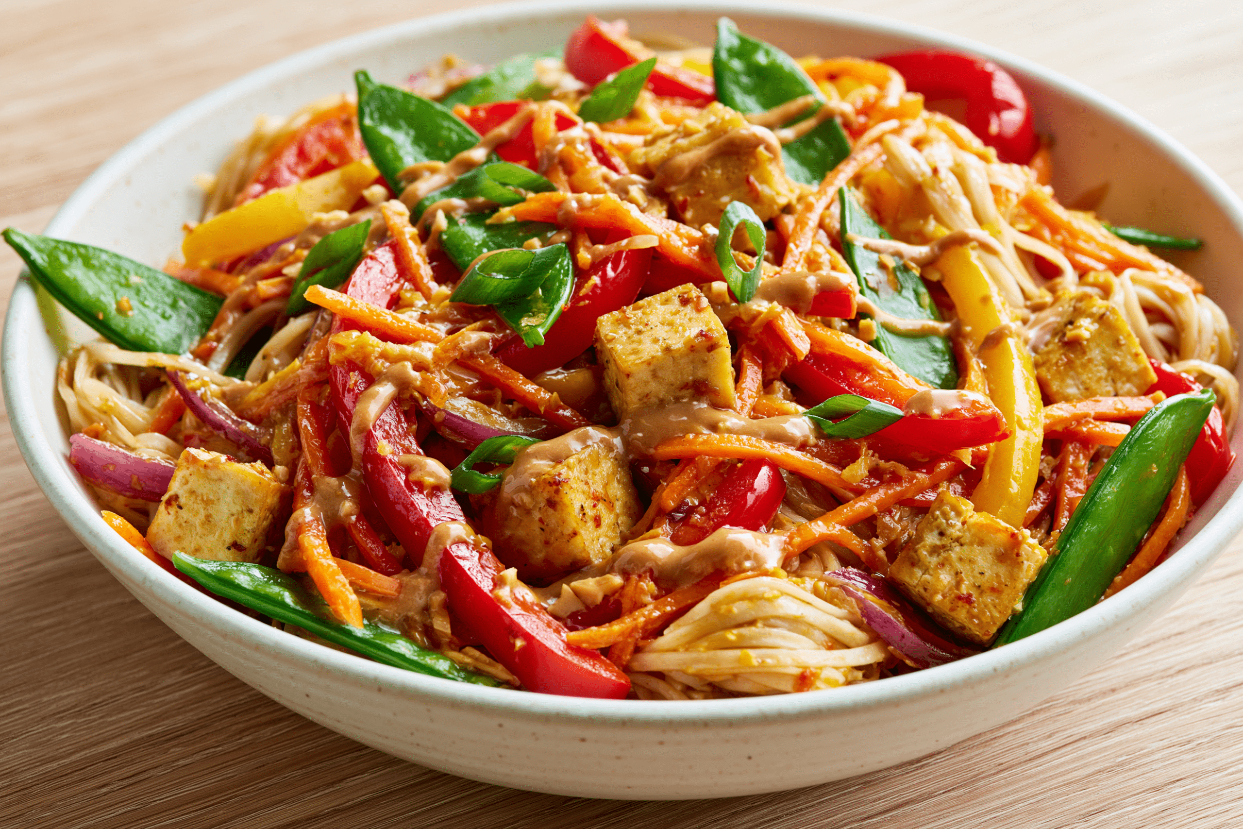 A colorful Thai-inspired lunch bowl featuring rice noodles, stir-fried vegetables (bell peppers, snap peas, carrots), and cubed tofu, drizzled with a light peanut sauce, on a light wooden table.