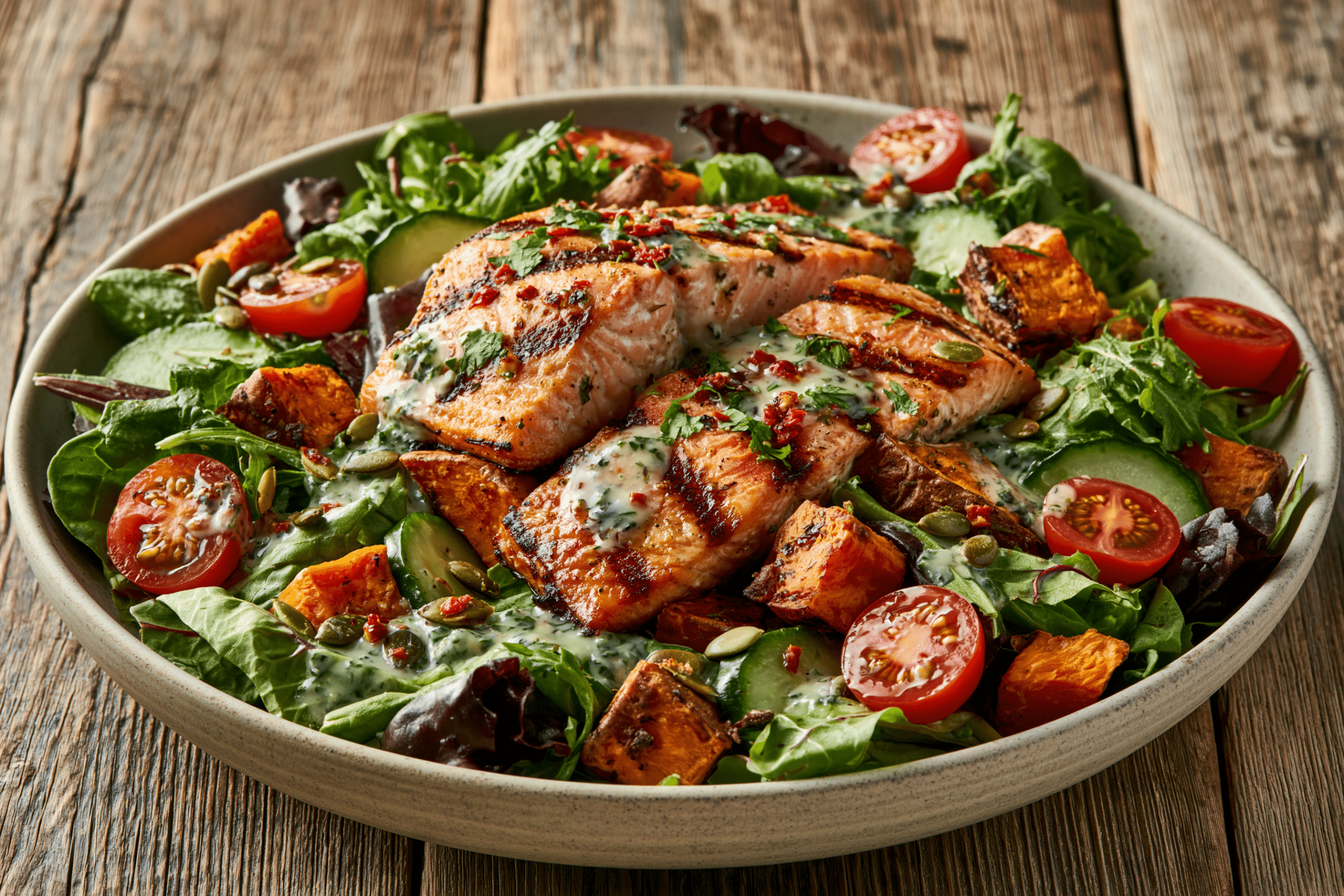 A gourmet salad featuring grilled salmon, roasted sweet potatoes, mixed greens, cherry tomatoes, cucumber, pumpkin seeds, and a lemon-herb vinaigrette, presented in a large, shallow bowl on a rustic wooden table.