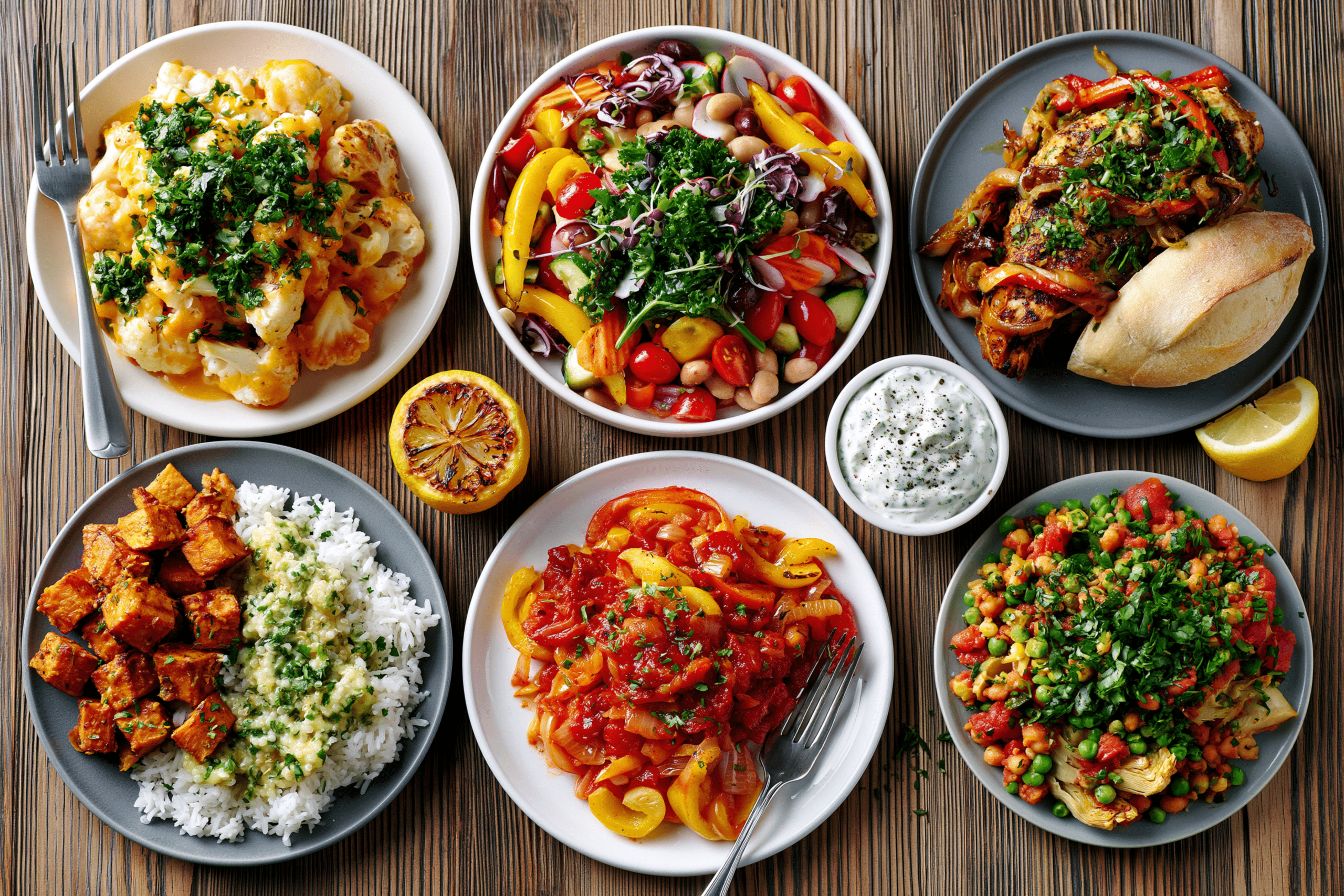 A neatly arranged table showing seven different vegetarian meals, one for each day of the week, in a meal plan format.