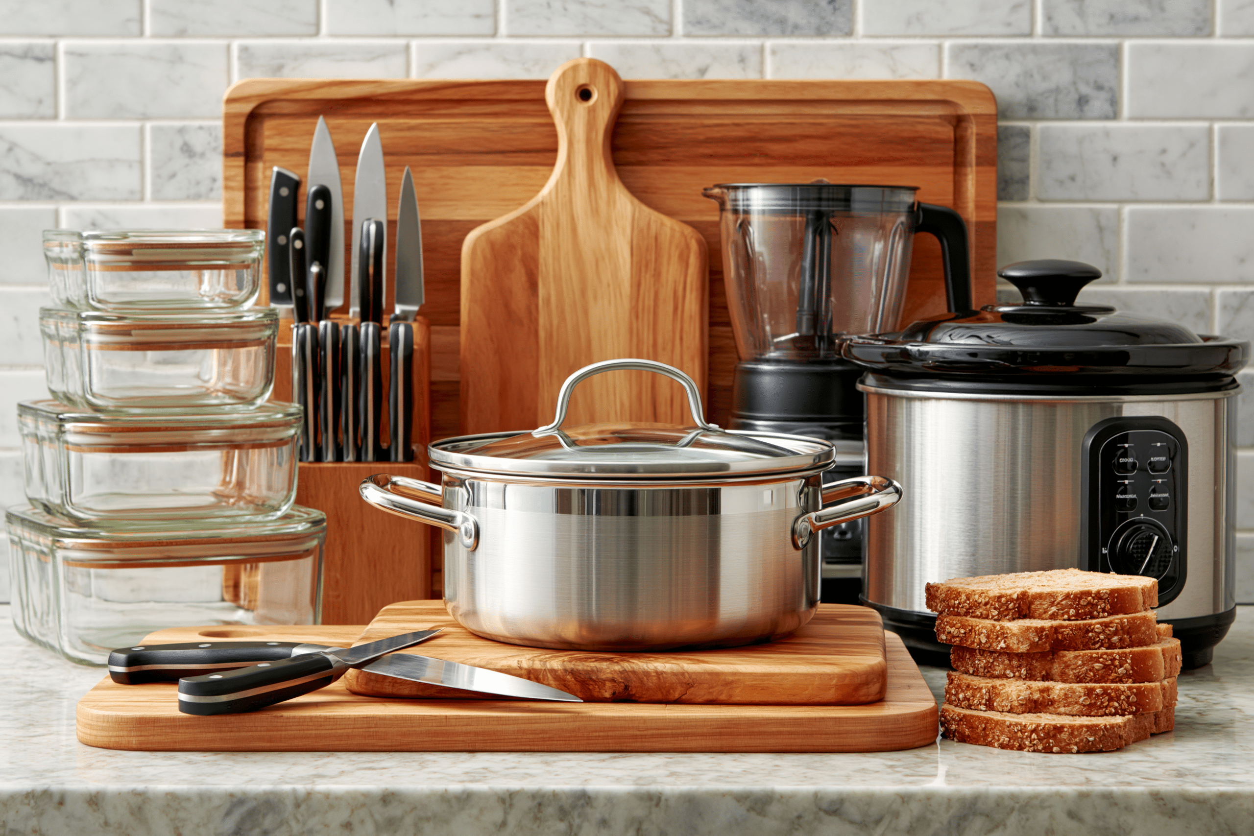 A neatly organized kitchen counter displaying various meal prep essential tools: glass airtight containers, a set of sharp knives, a large wooden cutting board, a food processor, and a slow cooker.