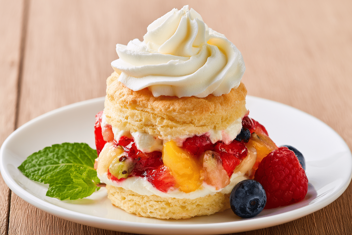A perfectly assembled gluten-free mixed fruit shortcake cup, showcasing flaky biscuit layers, vibrant fruit filling, and a generous swirl of whipped cream on top, with a few fresh mint leaves for garnish.