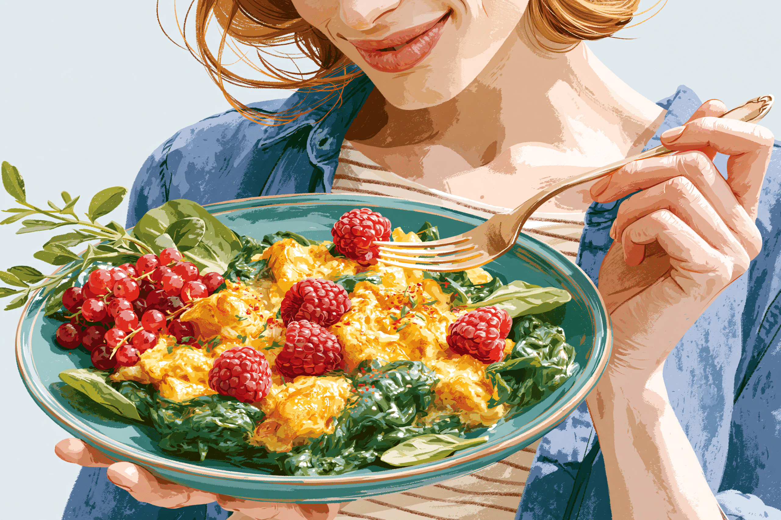 A person enjoying a high-protein breakfast, such as scrambled eggs with spinach and a side of berries, looking satisfied and energetic.