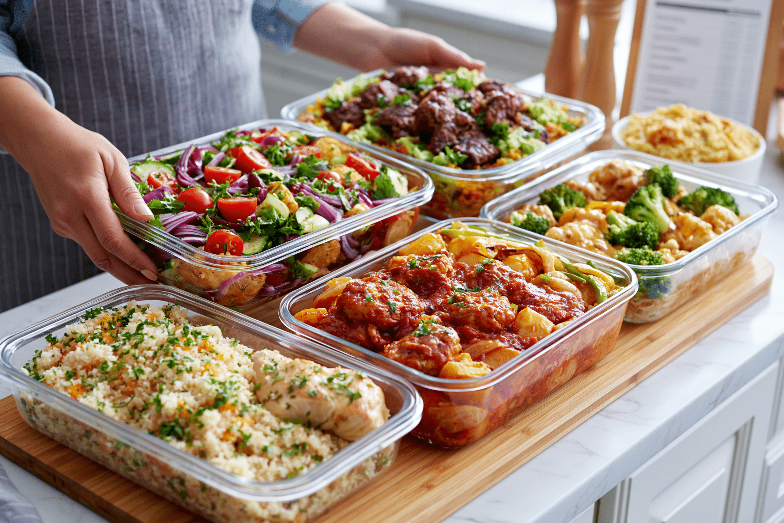 A person organizing various prepared meals into airtight containers on a clean kitchen counter, with a weekly meal plan visible in the background.