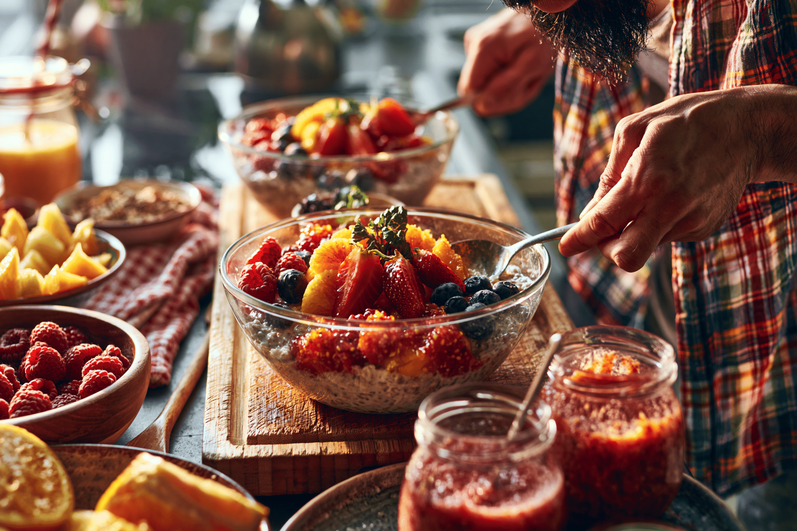 A person quickly preparing a simple, nutritious breakfast like overnight oats or a pre-made smoothie, looking efficient and calm before a busy day.