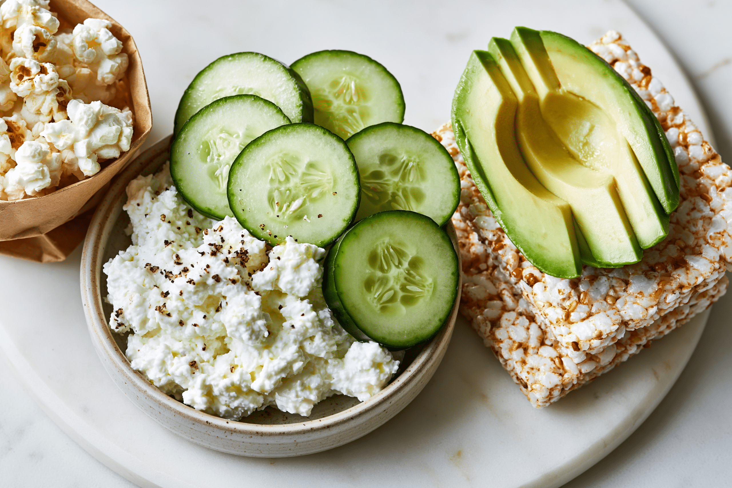 A small bowl of cottage cheese with cucumber slices, next to a rice cake with avocado, and a small bag of air-popped popcorn, all arranged on a clean white surface.