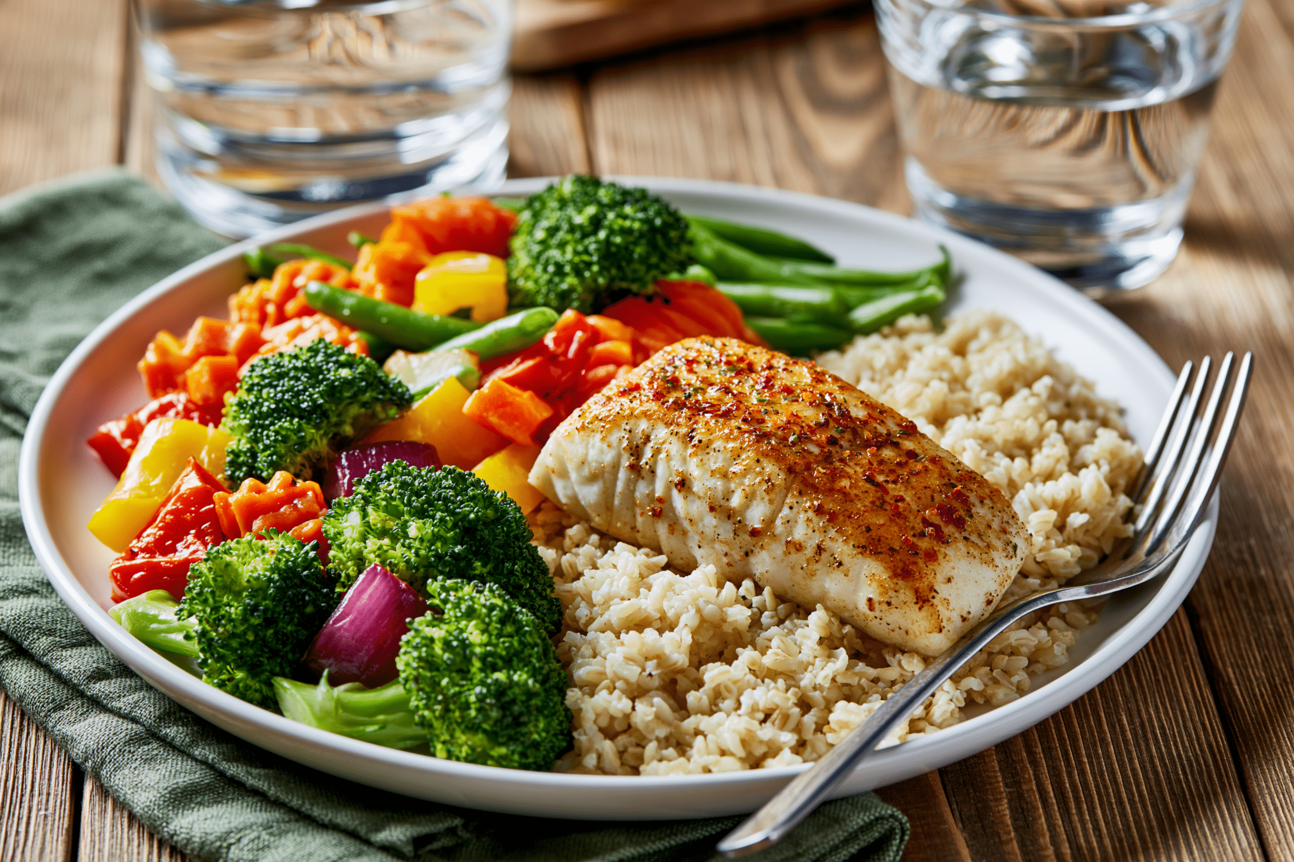A table setting with a balanced meal featuring grilled fish, steamed vegetables, and brown rice, alongside a glass of water, illustrating a healthy eating schedule.