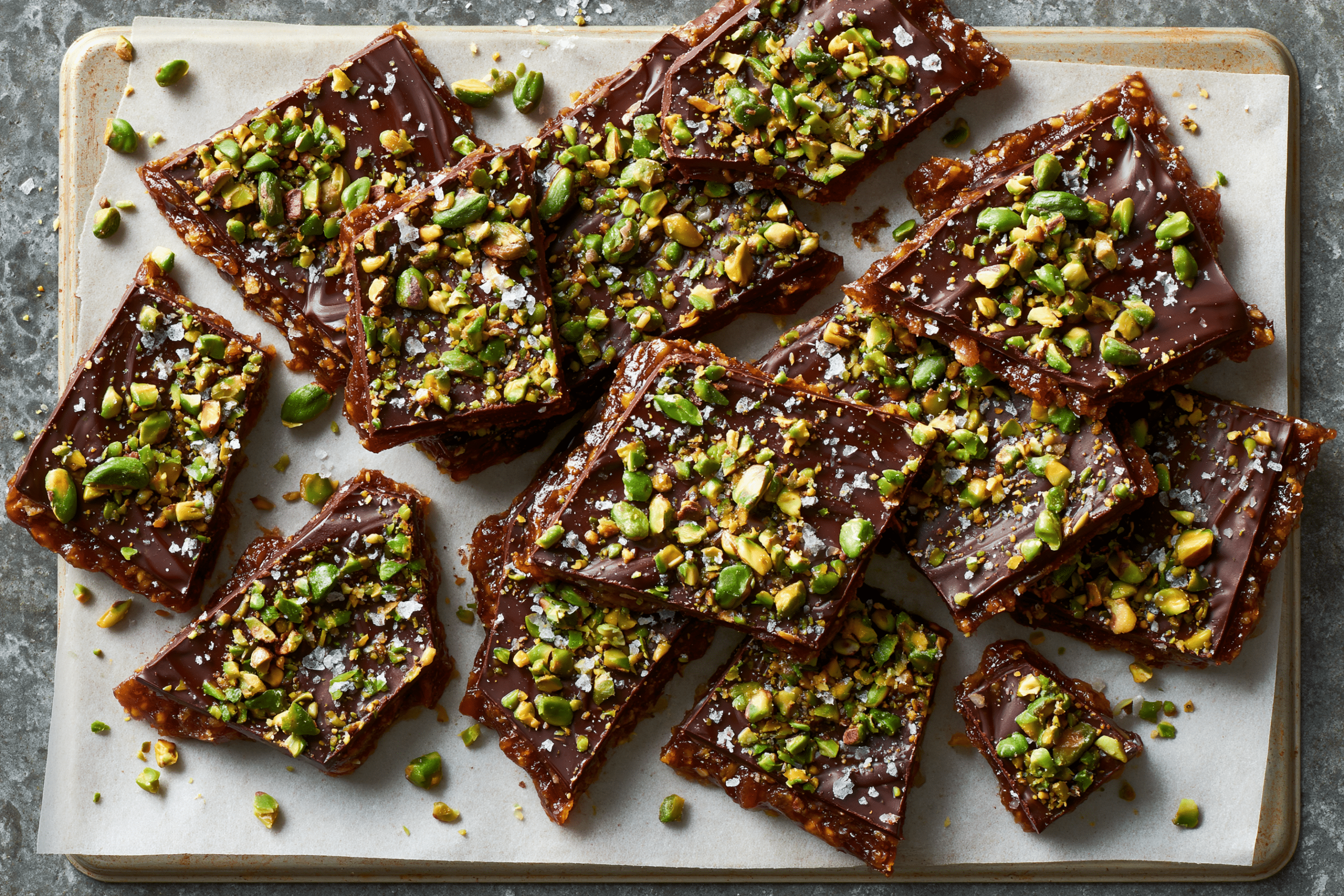 A top-down shot of finished Dubai date bark broken into irregular pieces, showcasing the dark chocolate layer, green pistachios, and flaky salt over a date base, on a parchment-lined baking sheet.