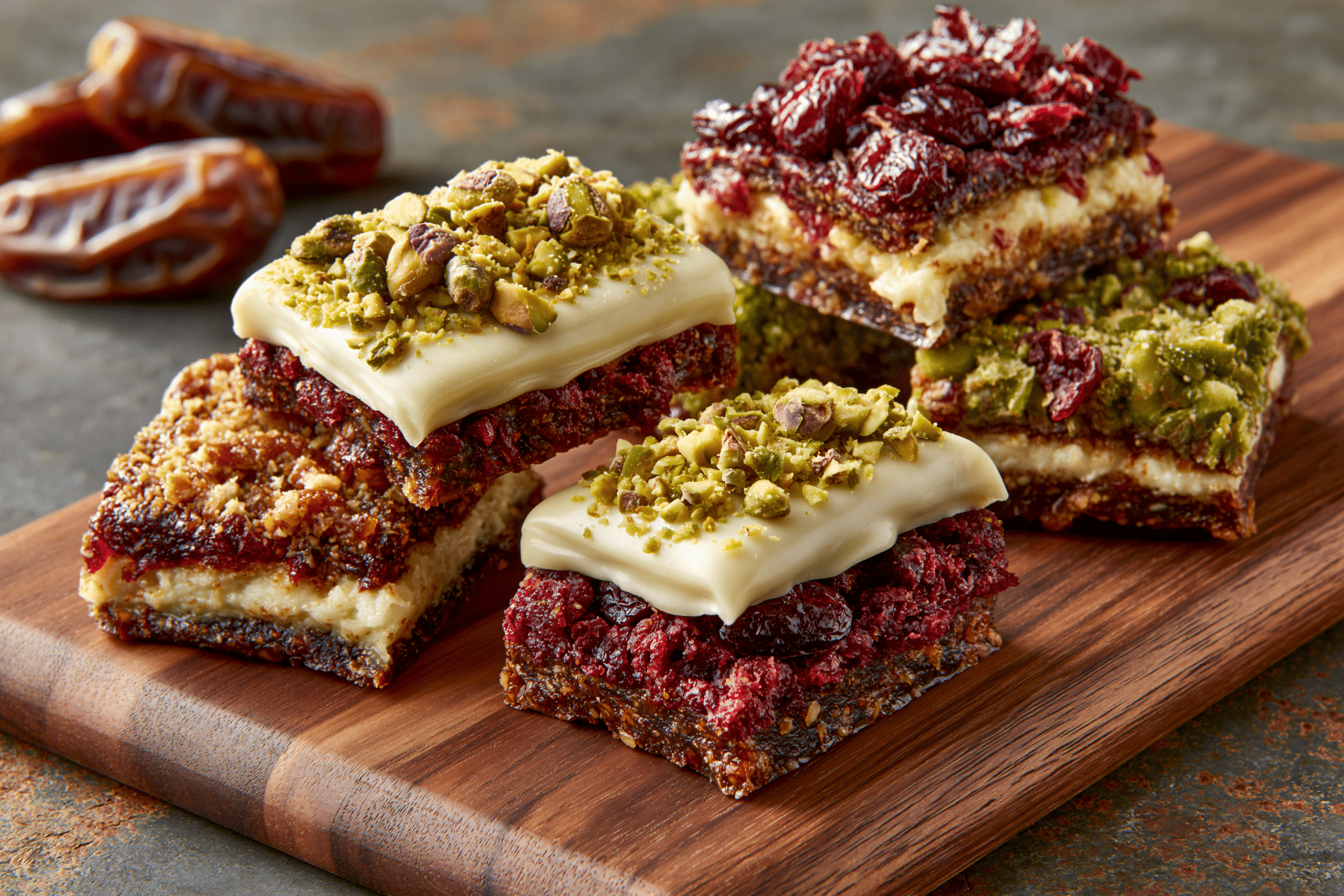 A variety of date bark pieces, each with different toppings and fillings, showcasing customization options like white coating, crushed pistachios, and dried cranberries on a wooden board.