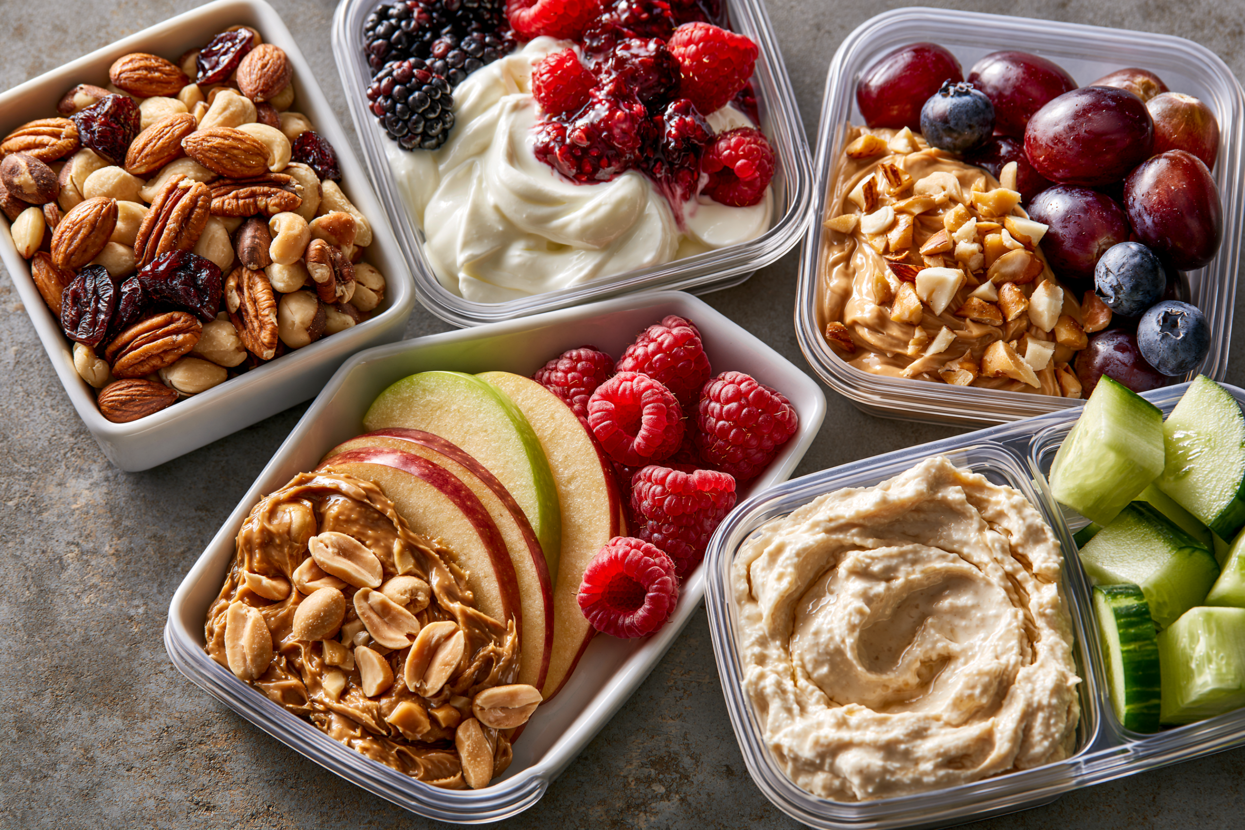 A variety of pre-portioned, appealing snacks in small containers, including mixed nuts, Greek yogurt with berries, apple slices with nut butter, and hummus with cucumber.