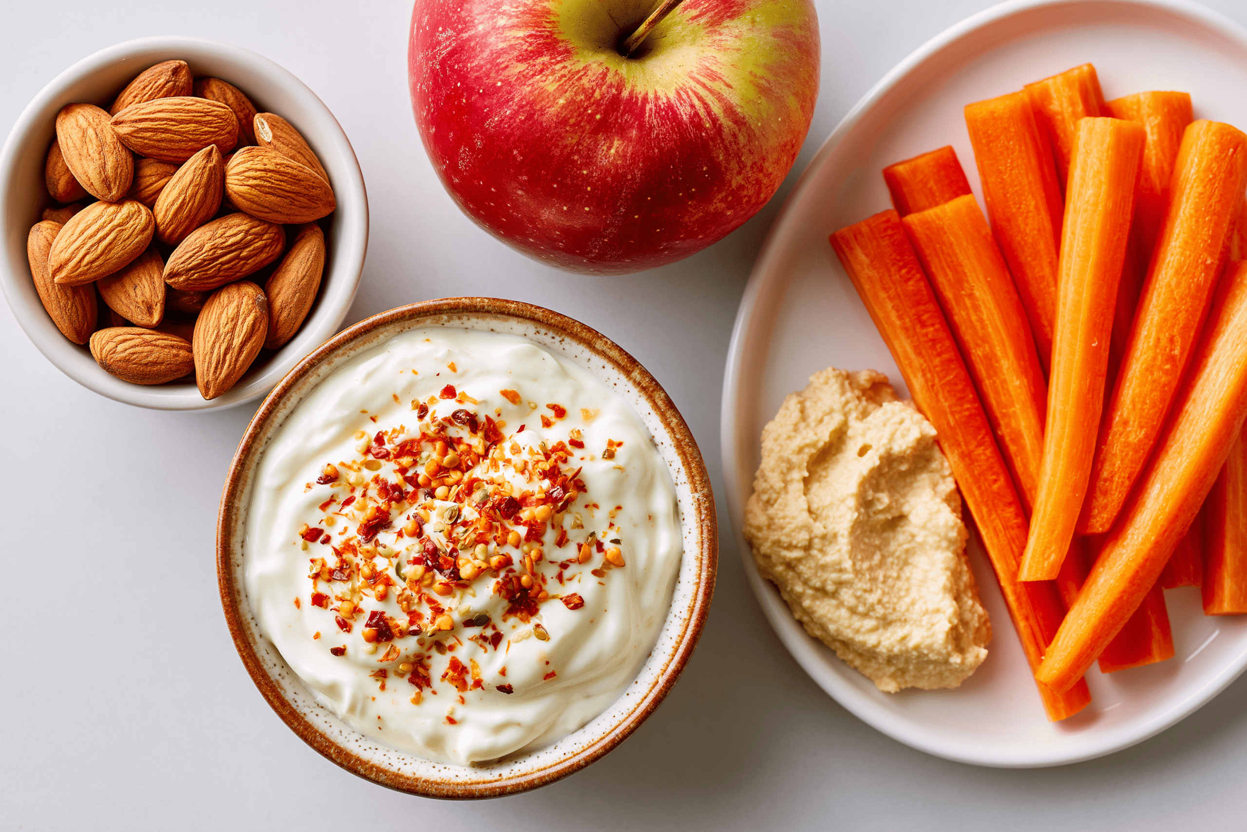 A vibrant flat lay of various healthy snack items, including a small bowl of almonds, an apple, Greek yogurt with seeds, and carrot sticks with hummus, all neatly arranged on a clean background.