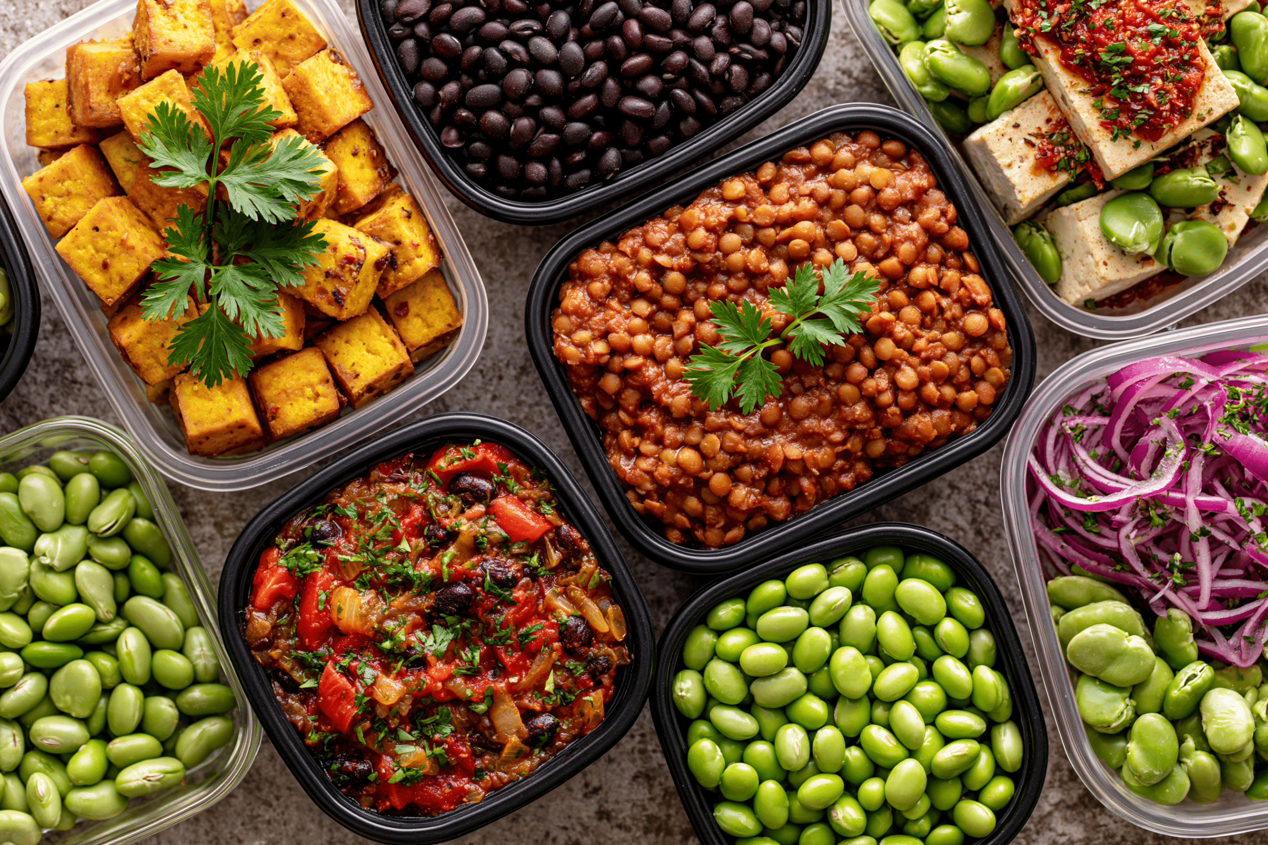 A vibrant vegetarian meal prep featuring various plant-based protein sources like lentils, black beans, tofu, and edamame, arranged in meal containers.