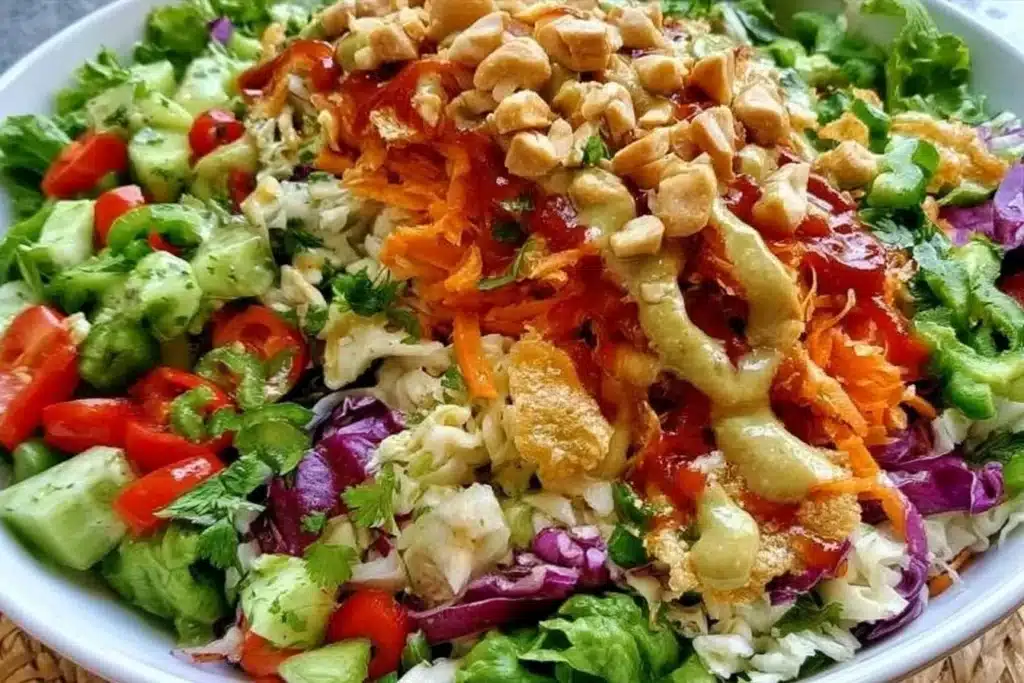 Delicious Asian Chicken Crunch Salad with vegetables and crunchy toppings