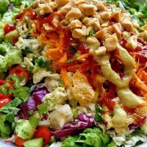 Delicious Asian Chicken Crunch Salad with vegetables and crunchy toppings