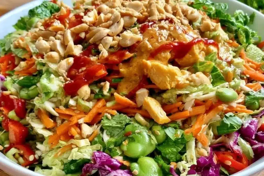 Delicious Asian Chicken Crunch Salad with fresh veggies and savory dressing.