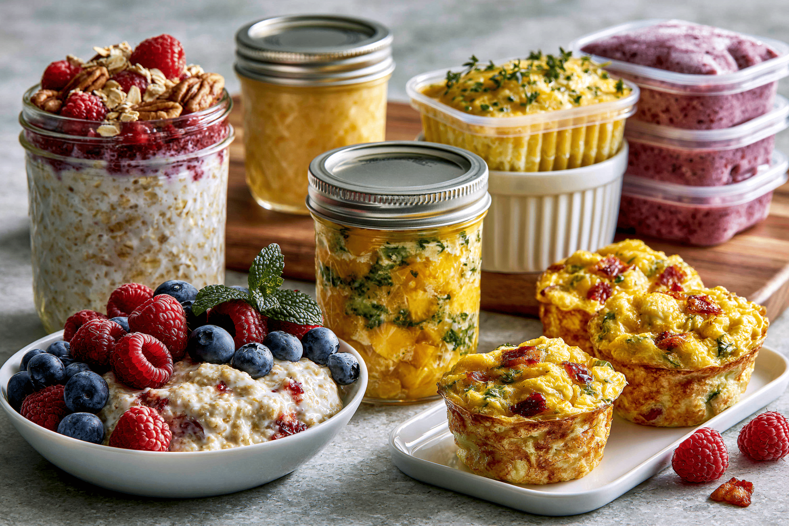Assortment of breakfast meal components, including jars of overnight oats, baked egg muffins, and frozen smoothie packs, arranged on a kitchen counter.