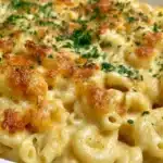 Baked gluten free mac and cheese topped with golden brown breadcrumbs