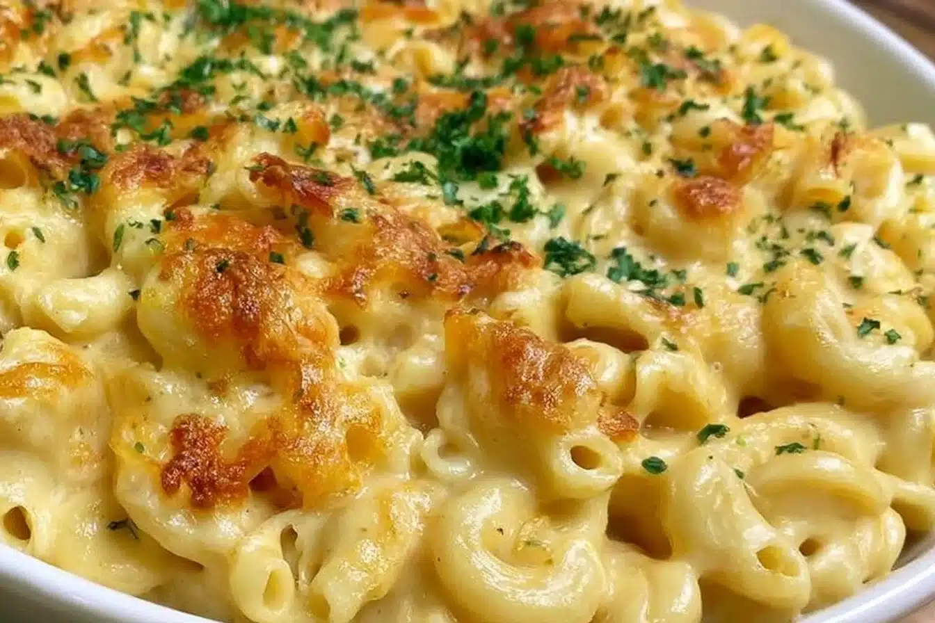 Baked gluten free mac and cheese topped with golden brown breadcrumbs