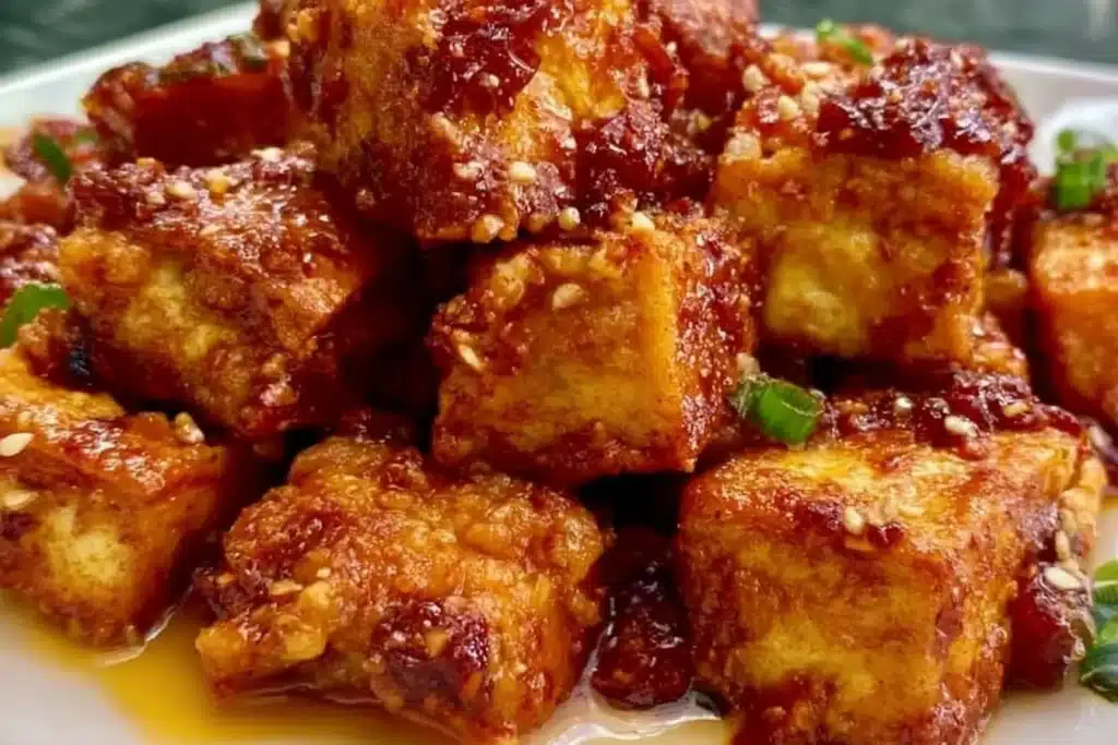 Plate of baked Gochujang tofu garnished with spices and vegetables