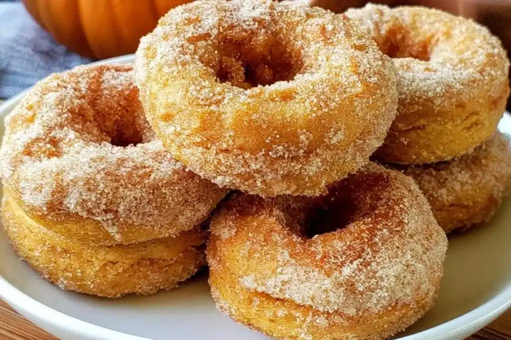 Delicious gluten-free baked pumpkin donuts on a wooden table.